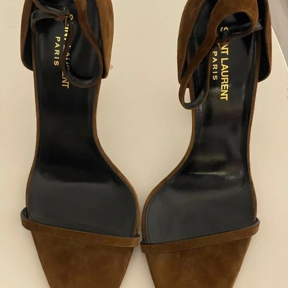 Saint Laurent Opyum Suede Logo Heel Sandals Brown 41.5 YSL Monogram Bronze - Picture 6 of 7